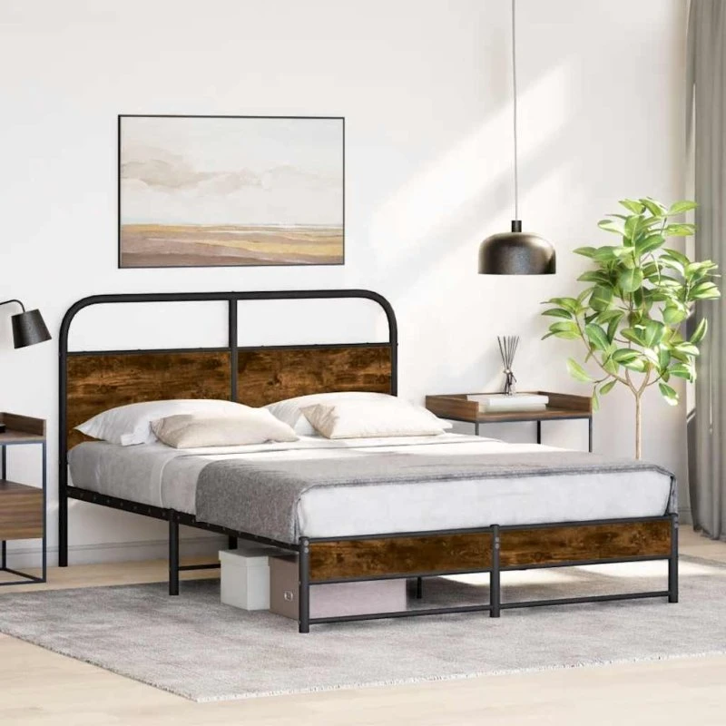 vidaXL Sengeramme 135x190 cm Røget Eg med Metalramme