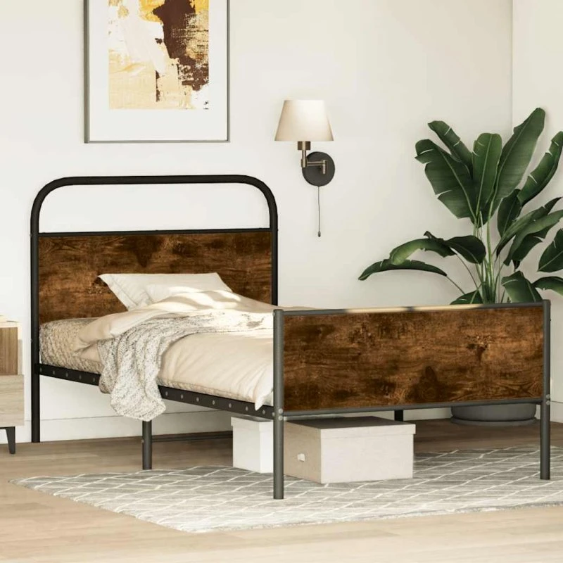 vidaXL Sengeramme 100x200 cm Røget Eg Metal, Uden Madras
