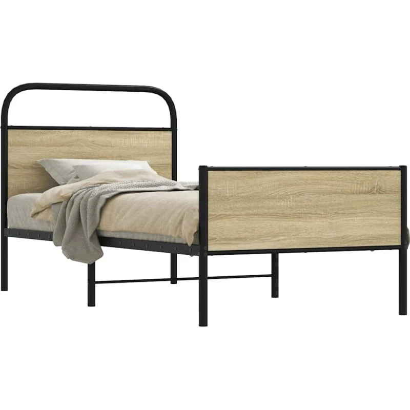 vidaXL Sengeramme 75x190 cm Metal Sonoma-Eg med sengegavl og højt fodgærde