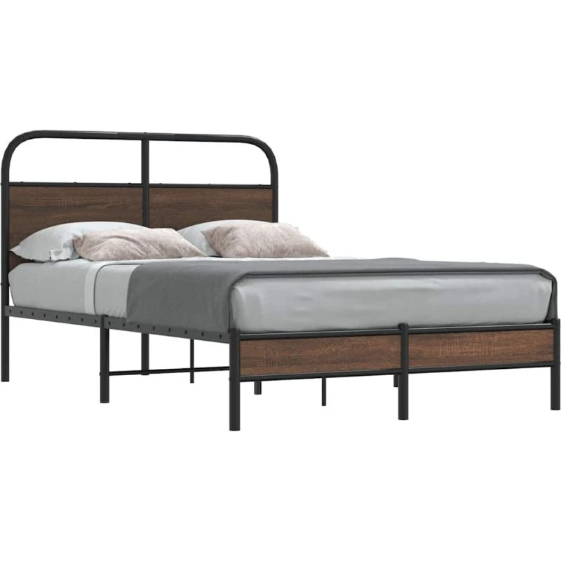 vidaXL Sengeramme 135x190 cm, Metal, Brun Eg, Med Sengegavl