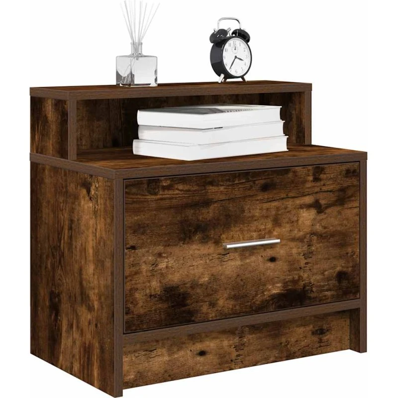 vidaXL Sengebord med skuffe 51x31x47 cm røget egetræ