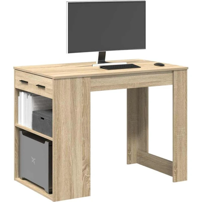 vidaXL Skrivebord 102x62x77,5 cm Sonoma-eg med skuffe og hylde
