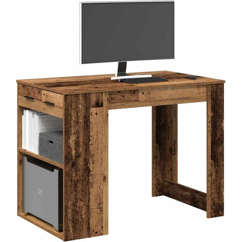 vidaXL Skrivebord med Skuffe og Hylde 102x62x77,5 cm Antikt Træ