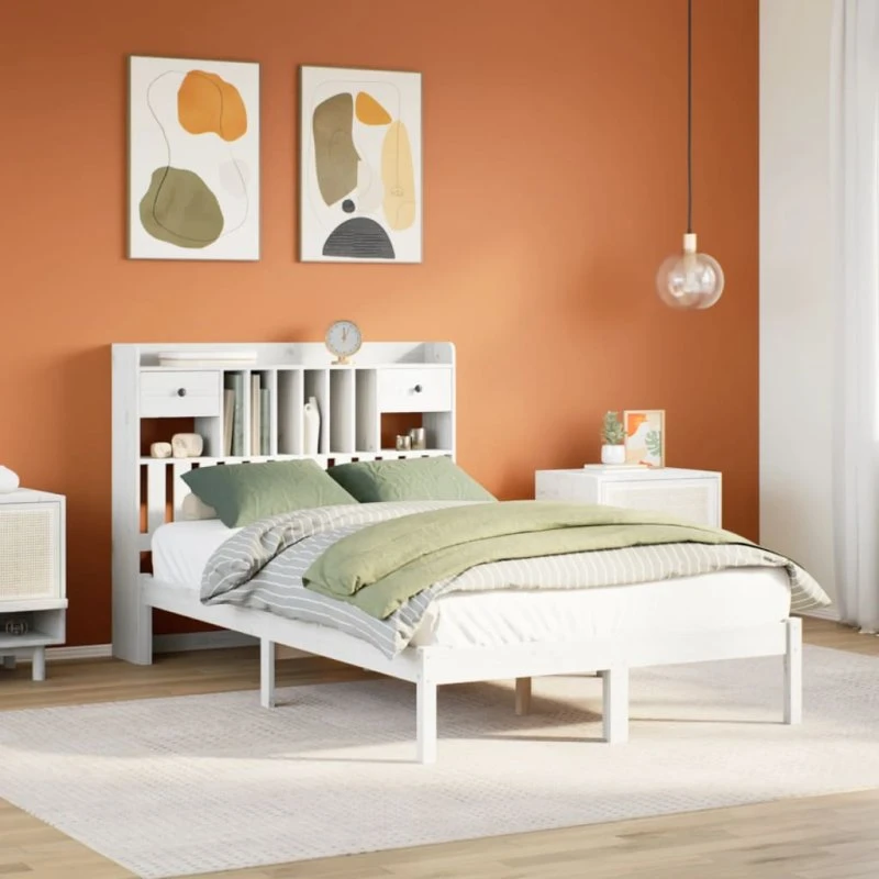 vidaXL Seng med Reol 135x190 cm, Massivt Fyrretræ, Hvid