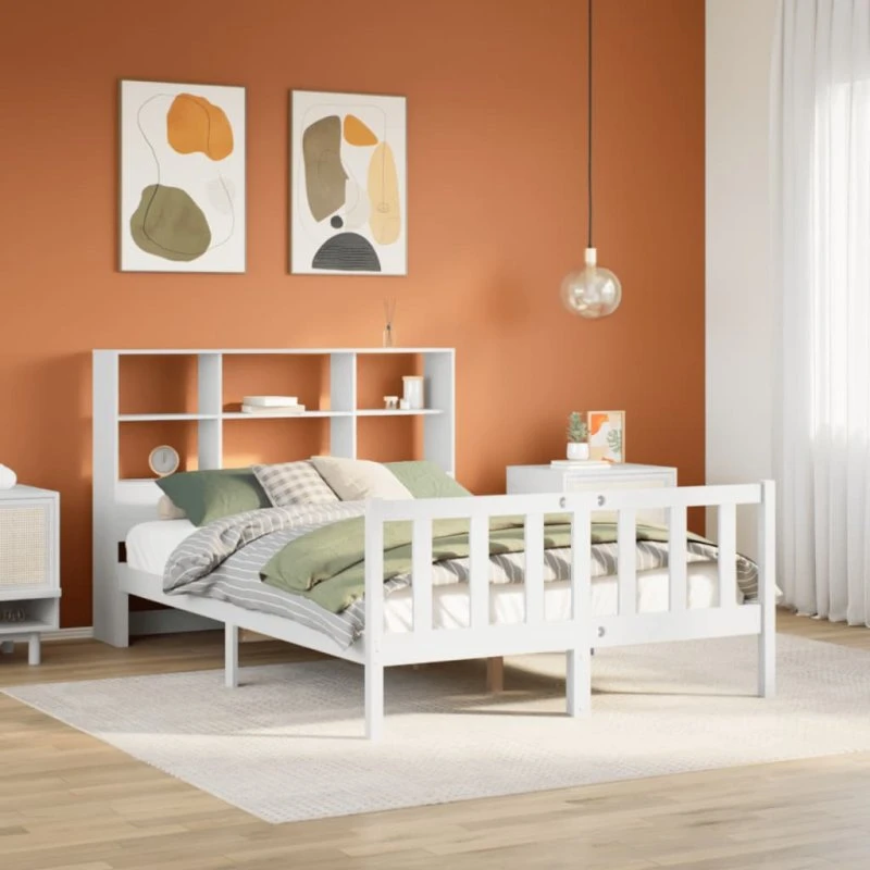 vidaXL seng med reol 140x190 cm hvid massivt fyrretræ