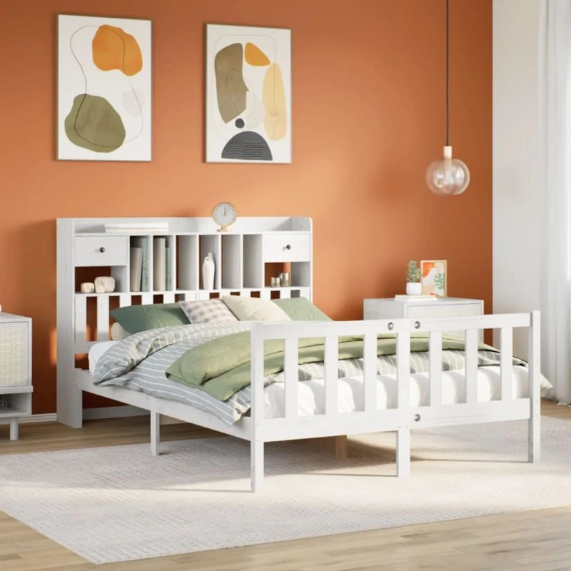 vidaXL Seng 150x200 cm med bogreol i hvidt fyrretræ