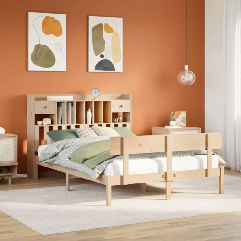 vidaXL Seng med Reol 140x190 cm, Massivt Fyrretræ, Naturfarvet