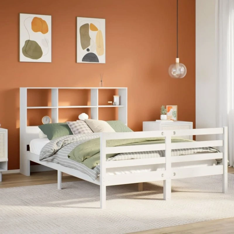vidaXL seng med reol 140x190 cm hvid massivt fyrretræ