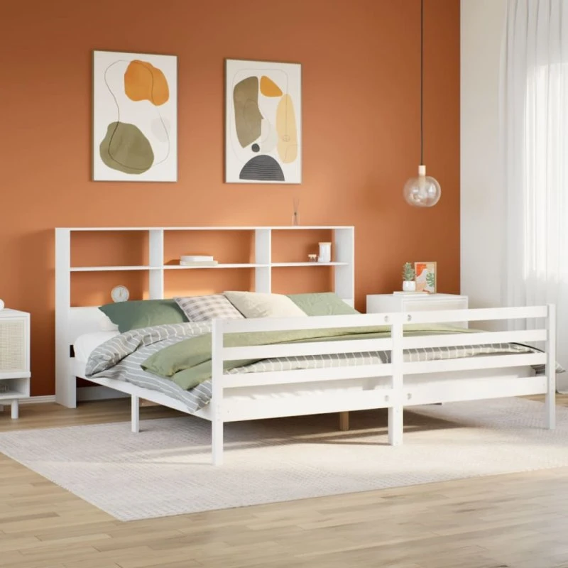 vidaXL Seng 180x200 cm med bogreol i fyrretræ, hvid