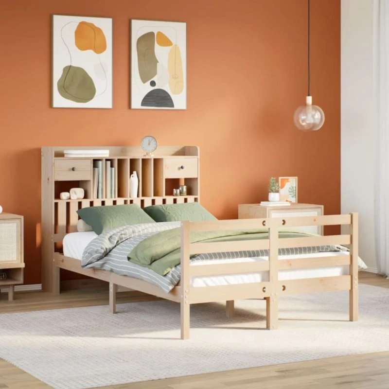 vidaXL Seng 135x190 cm med bogreol i massivt fyrretræ