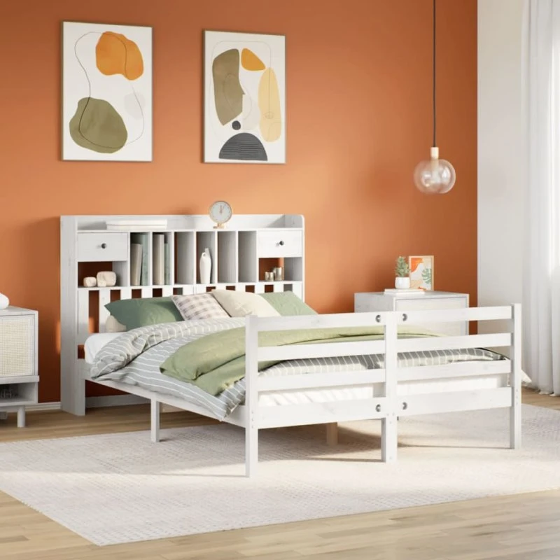 vidaXL Seng 160x200 cm fyrretræ hvid med bogreol