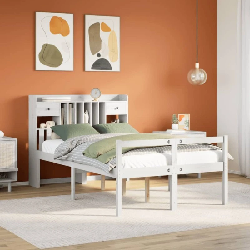 vidaXL Seng med Reol 135x190 cm, Massivt Fyrretræ, Hvid