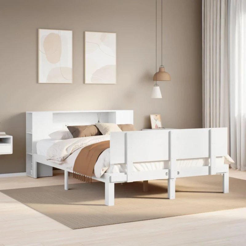 vidaXL Seng 160x200 cm fyrretræ hvid med bogreol