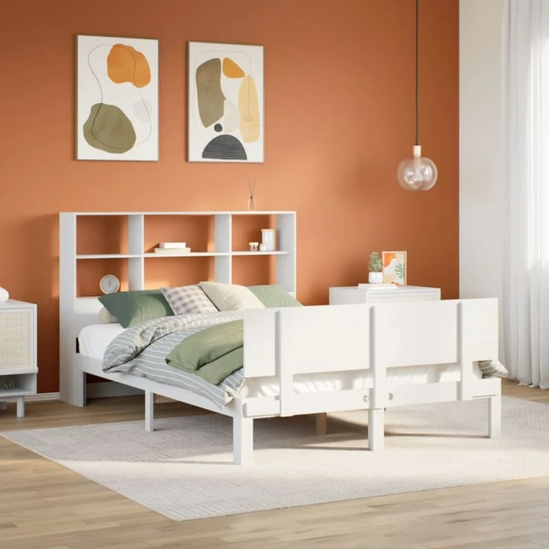vidaXL Seng 160x200 cm fyrretræ hvid med bogreol