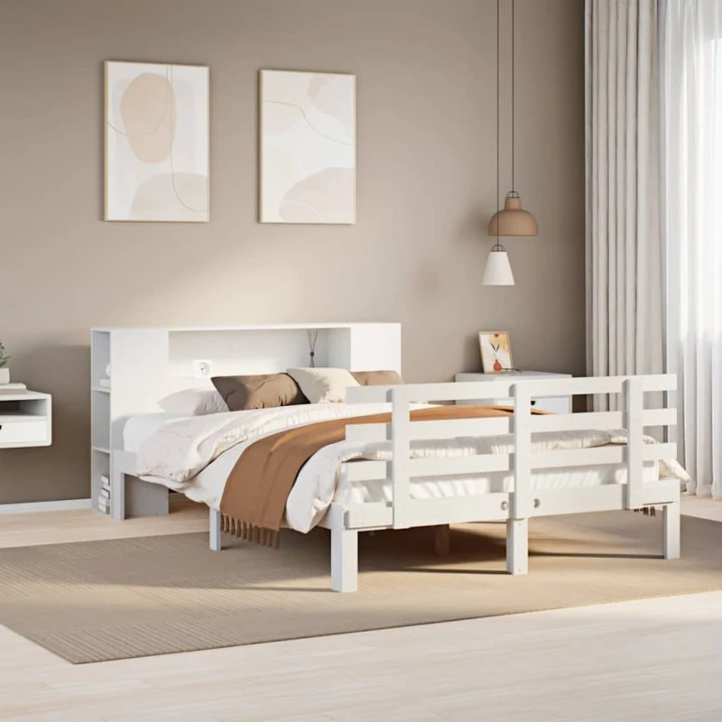vidaXL Seng med Reol 135x190 cm, Massivt Fyrretræ, Hvid