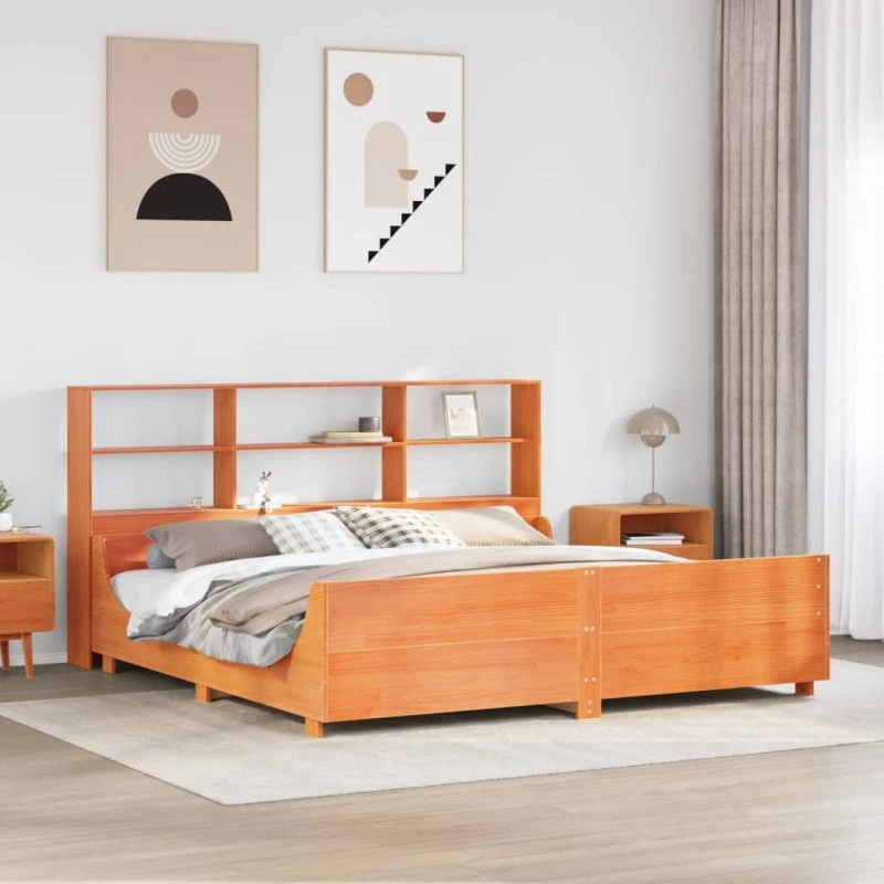 vidaXL Seng med Reol 200x200 cm Gyldenbrun Massivt Fyrretræ