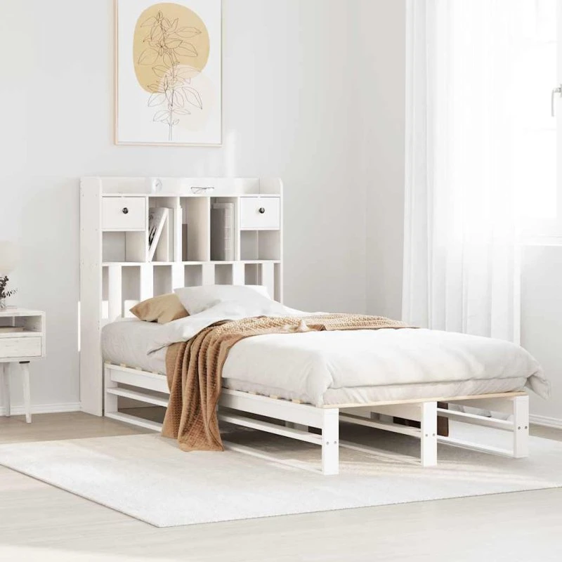 vidaXL Seng med reol 90x200 cm hvid fyrretræ
