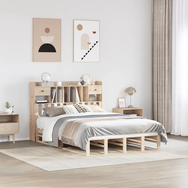 vidaXL Seng med Reol 140x190 cm, Massivt Fyrretræ, Naturfarvet
