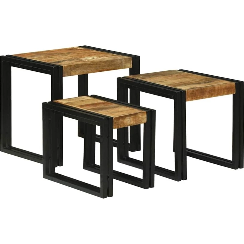 vidaXL 3-deligt nesting bord brun og sort, massiv mango træ og metal
