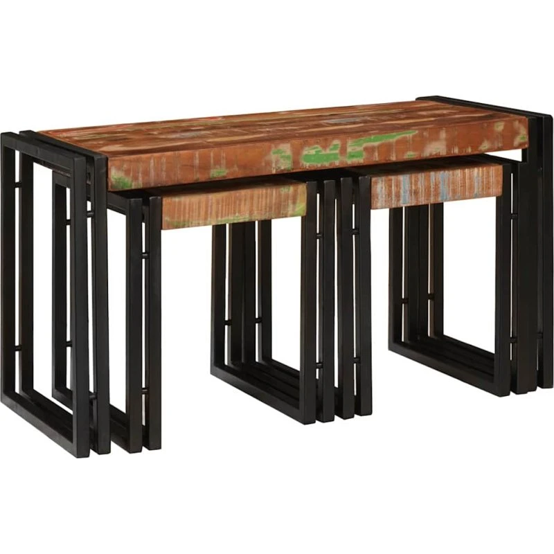 vidaXL Nesting Bord 3 stk Brun og Sort Massivt Genanvendt Træ og Metal