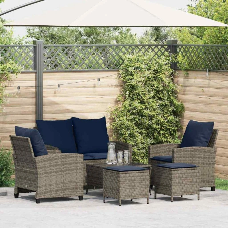 vidaXL 6-delssofasæt med hynder i polyrattan grå