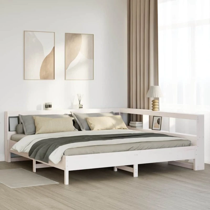 vidaXL Seng 200x200 cm fyrretræ hvid med reol