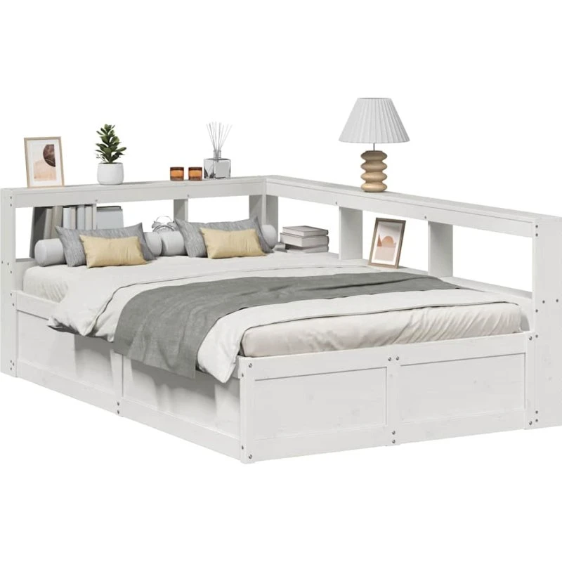 vidaXL seng 140x190 cm massivt fyrretræ hvid med reol