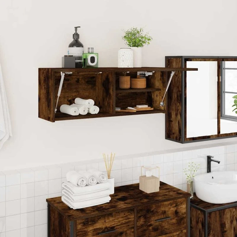 vidaXL Væghængt Badeværelsesskab 80x25x30 cm Røget Eg