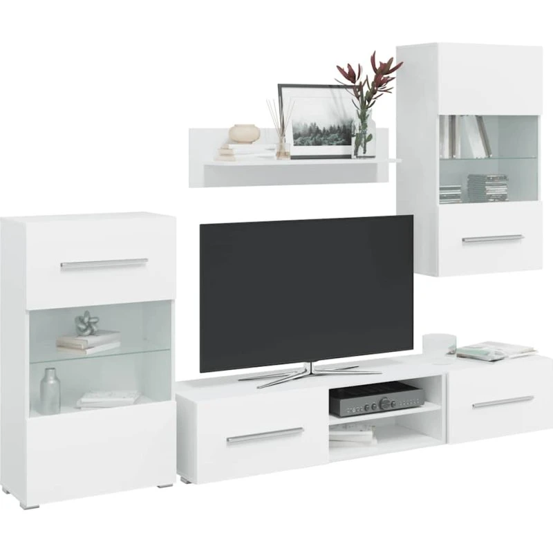 vidaXL TV-skabe i 5 dele med LED-belysning, konstrueret træ, mat hvid