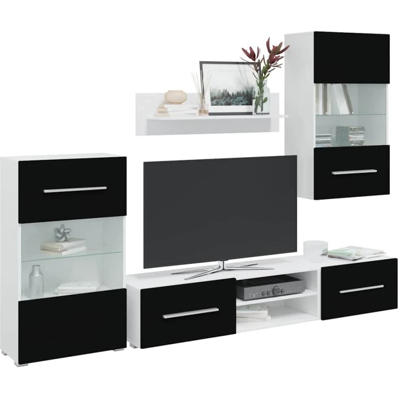 vidaXL TV-skabe i 5 dele med LED-belysning, konstrueret træ, mat sort