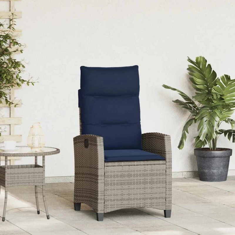 vidaXL Havestol med lænefunktion og sidebord, polyrattan grå