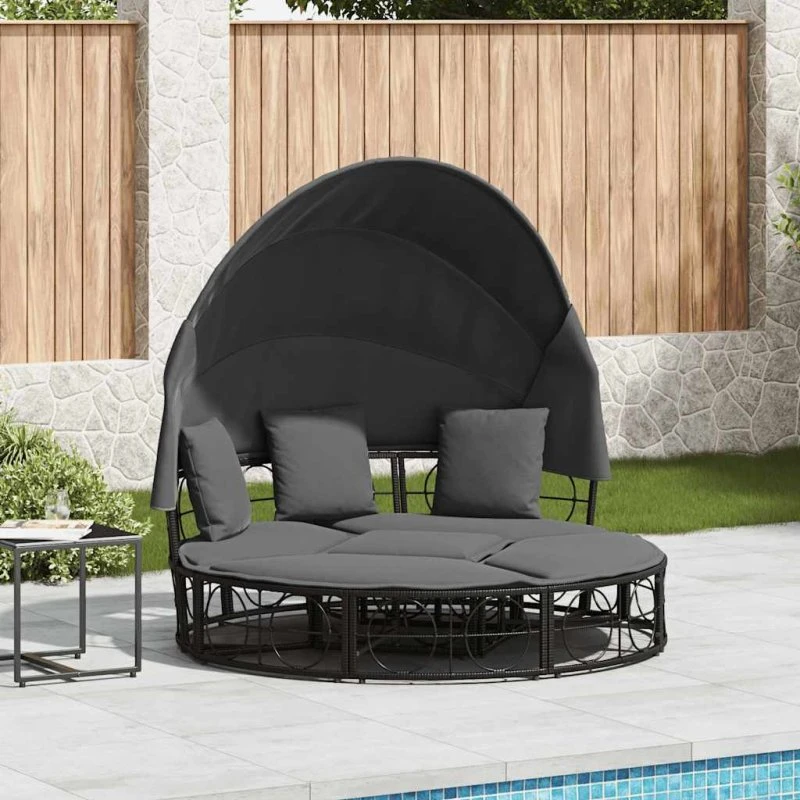 vidaXL Udendørs Loungeseng med Tag og Hynder Polyrattan Sort 160 x 151 cm
