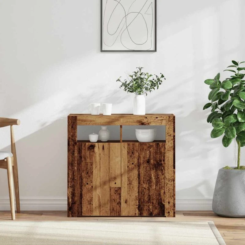 vidaXL Skænk med LED-lys 80x35x75 cm antikt træ