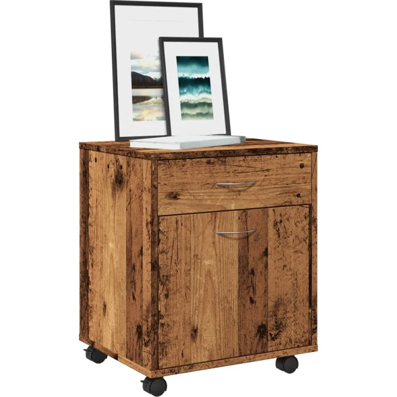 vidaXL Kontorskab med hjul 45x38x54 cm, konstrueret træ, antikt trælook