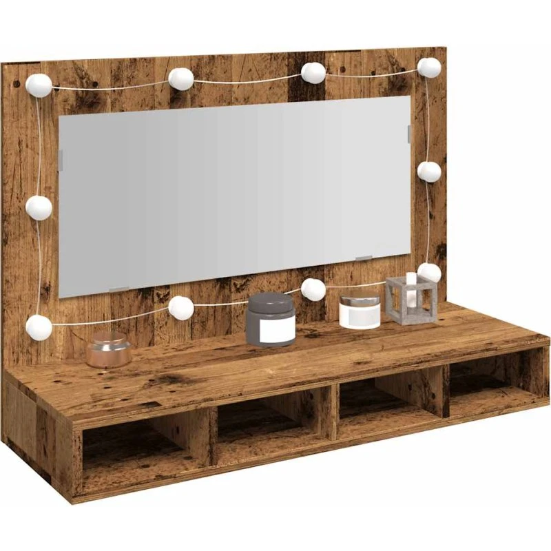 vidaXL Spejlskab med LED-lys 90x31,5x62 cm gammelt træ-look