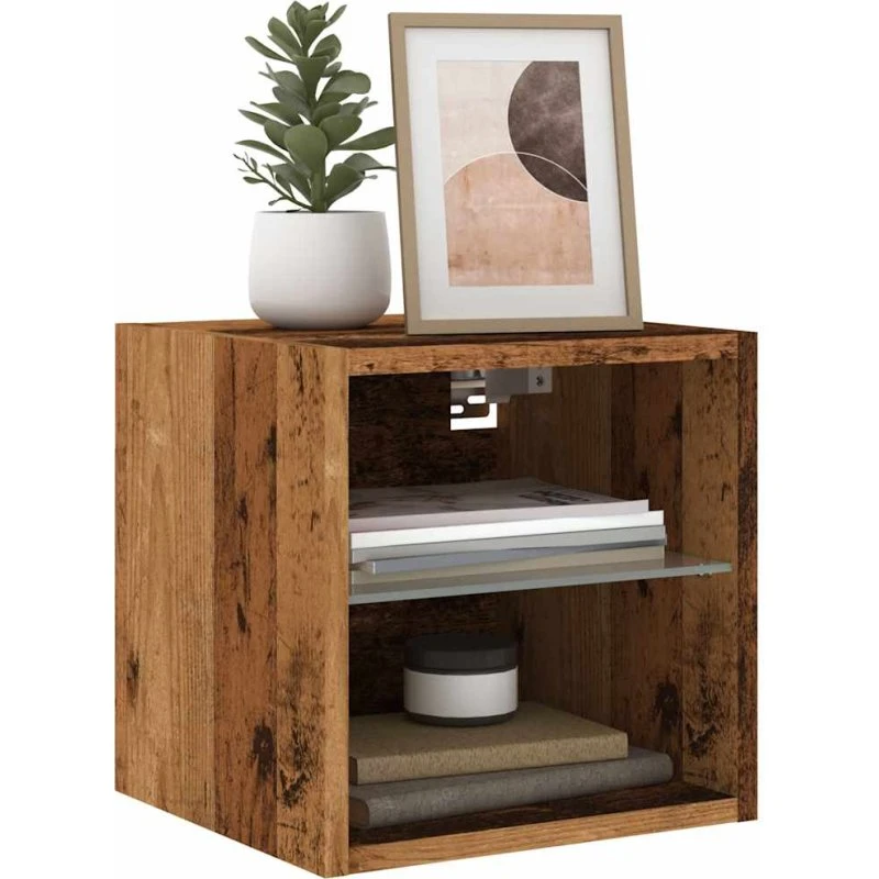 vidaXL Væghængt TV-bord 2 stk. med LED-lys, gammelt træ, 30x28,5x30 cm