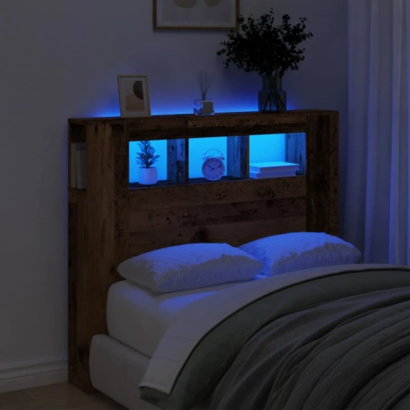 vidaXL Sengegavl med LED 120x18,5x103,5 cm, antikt træ