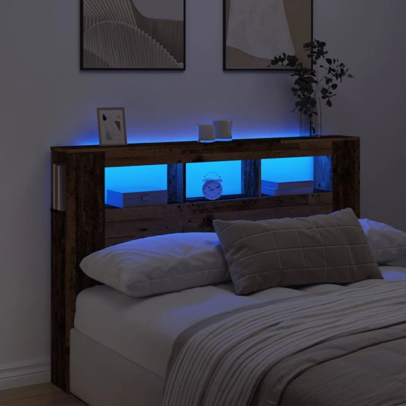 vidaXL Sengegavl med LED 160x18,5x103,5 cm, konstrueret træ, antikt træ