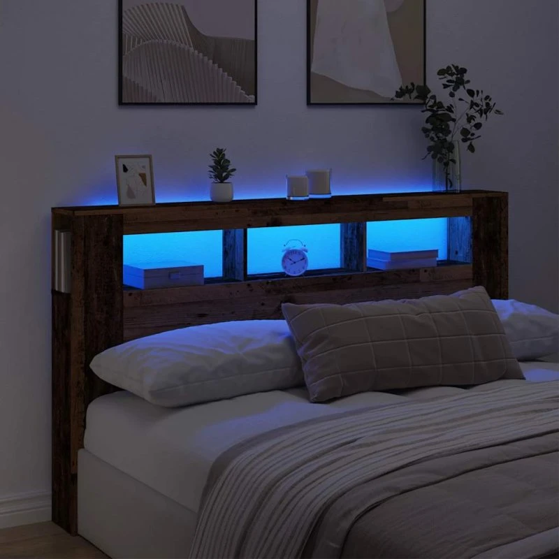 vidaXL Sengegavl med LED 180x18,5x103,5 cm Konstrueret Træ Antikt Træ