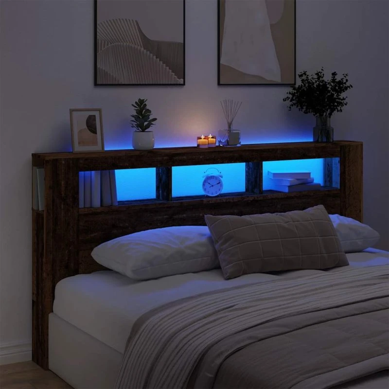 vidaXL Sengegavl med LED 200x18,5x103,5 cm, konstrueret træ, antikt træ