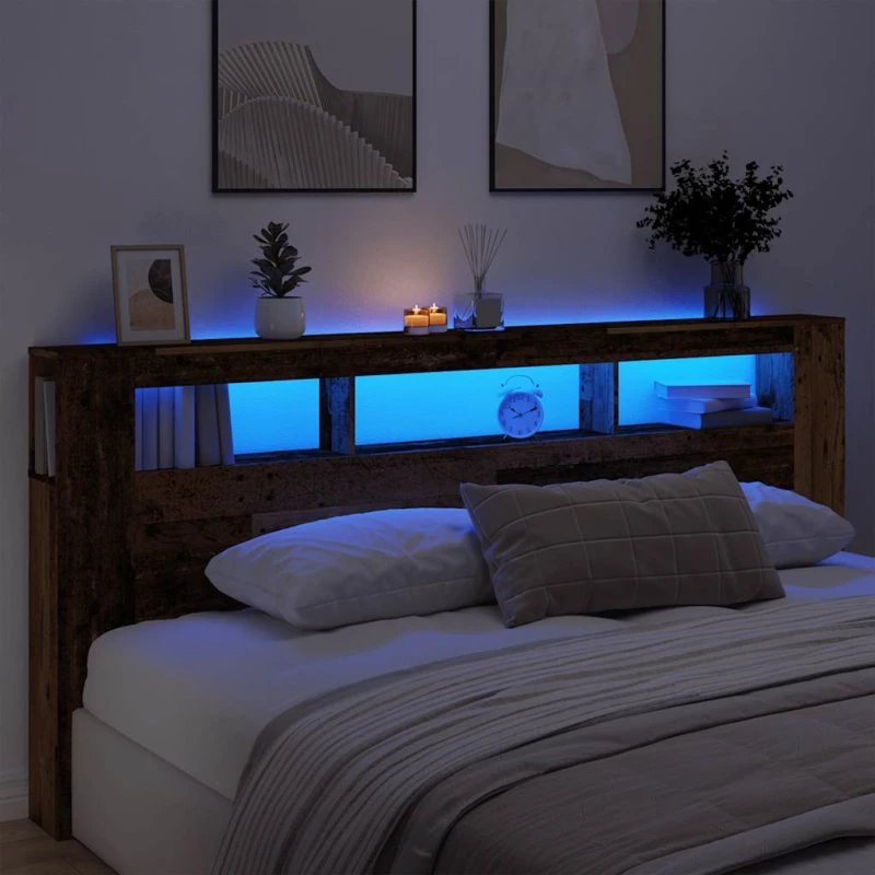 vidaXL Sengegavl med LED 220x18,5x103,5 cm, konstrueret træ, antikt træ