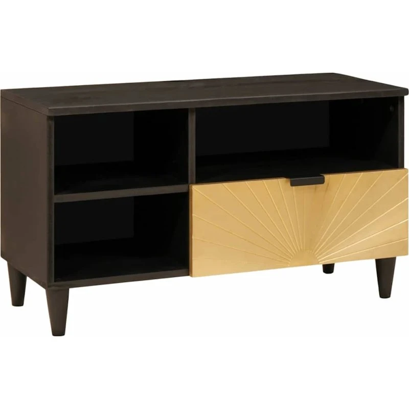 vidaXL TV-skab med skuffe, Sort og Guld, 80 x 33 x 46 cm, massivt træ