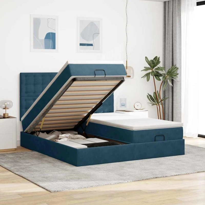 vidaXL Osmannisk sengeramme 160x200 cm med madrasser, fløjl mørkeblå