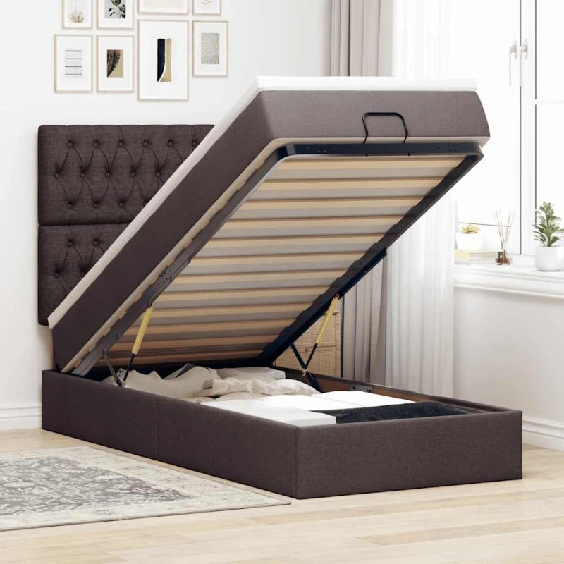 vidaXL ottoman seng 90x200 cm mørkebrun med madras & LEDs