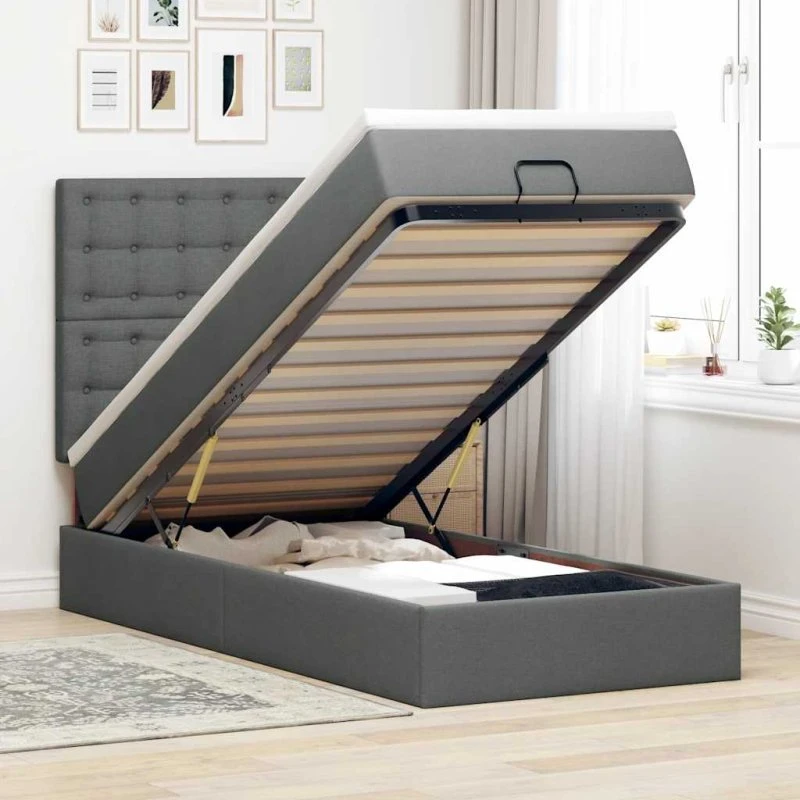 vidaXL ottoman seng 90x200 cm mørkegrå med madras & LEDs