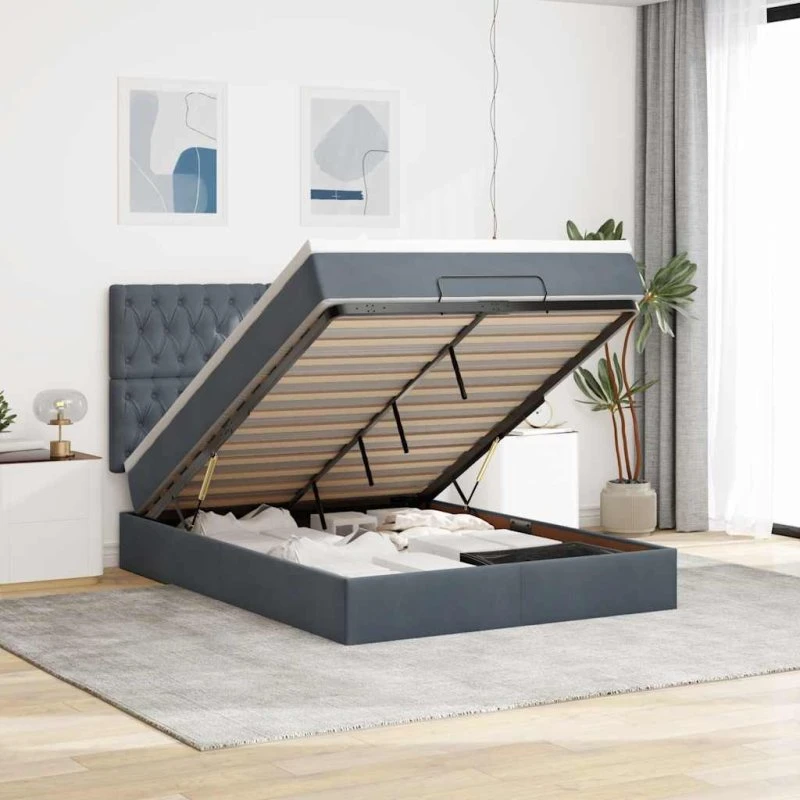 vidaXL Osmannisk Sengeramme 140x190 cm Fløjl Mørkegrå med Madrasser