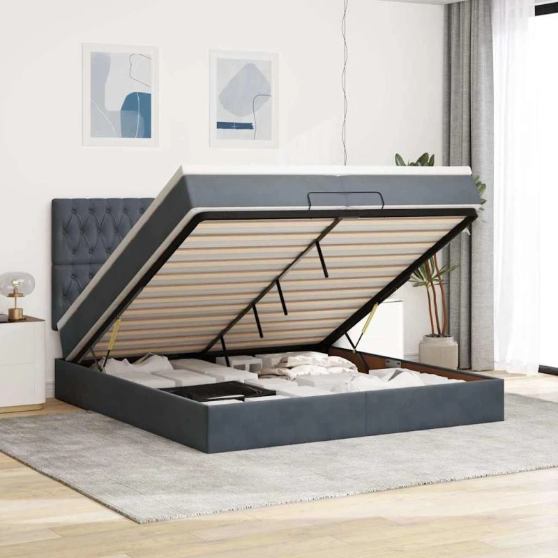vidaXL Osmannisk Sengeramme 200x200 cm Fløjl Mørkegrå med Madrasser