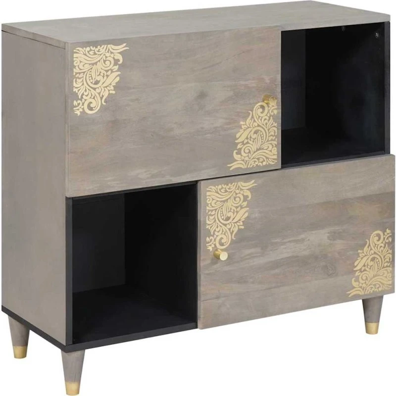 vidaXL Sideboard Grå og Guld 80 x 33 x 75 cm, Massivt Mangotræ