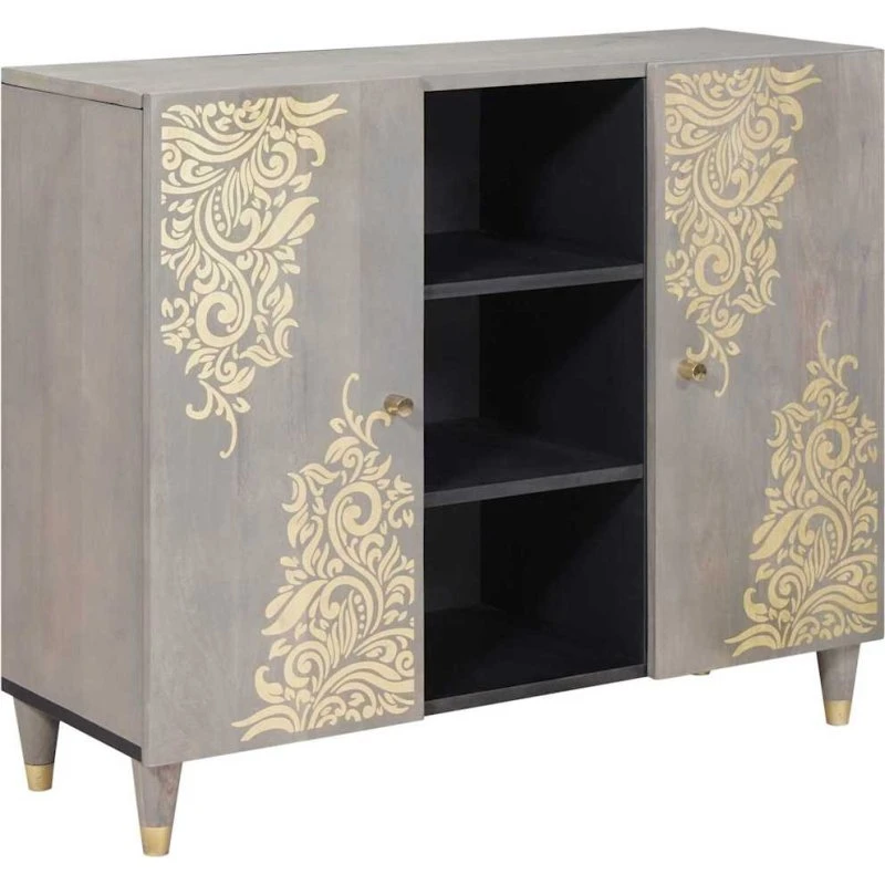 vidaXL Sideboard Grå og Guld 90 x 33 x 75 cm, Massivt Mangotræ
