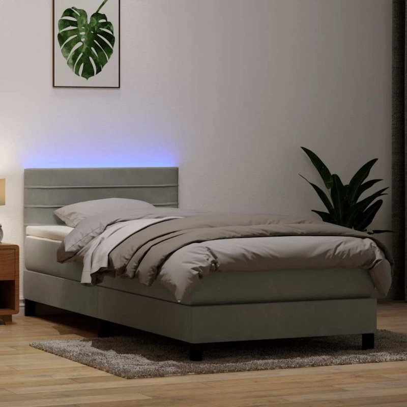 vidaXL Kontinentalseng 90x210 cm lysegrå fløjl med LED-lys og pocketfjedre